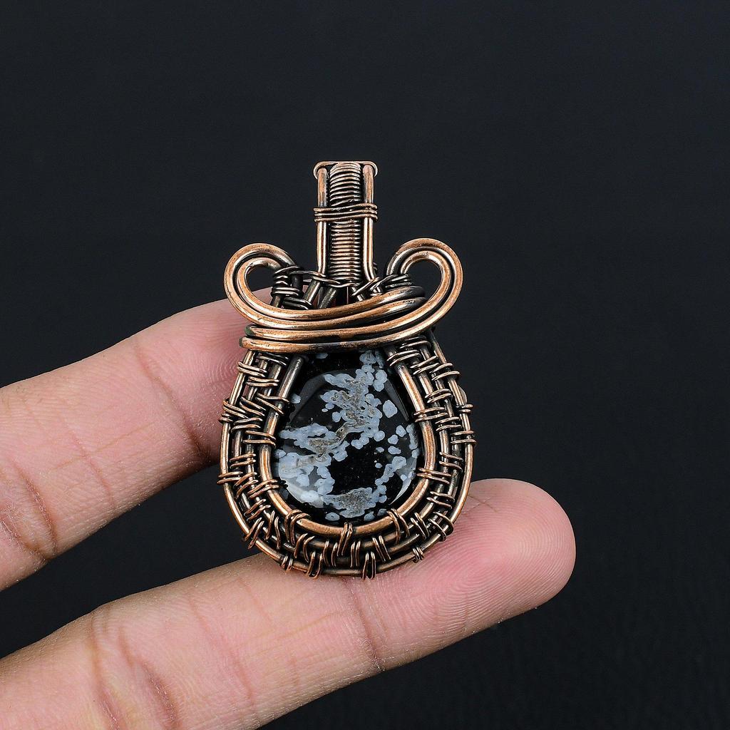 Snowflake Obsidian Pendant Gemstone Jewelry, 999 Copper Wire Wrapped Pendant, Gift For Women Handmade Pendant