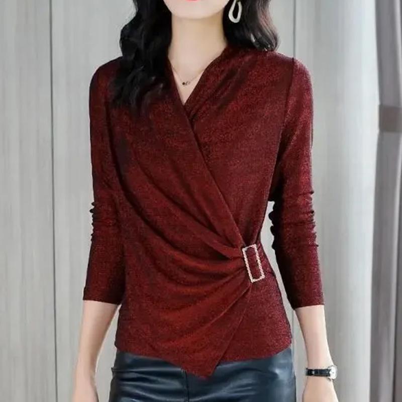 

Топы для женщин Пуловер Длинный рукав V-образный вырез Осень Зима Теплый Приталенный Утолщенный Топ M красный