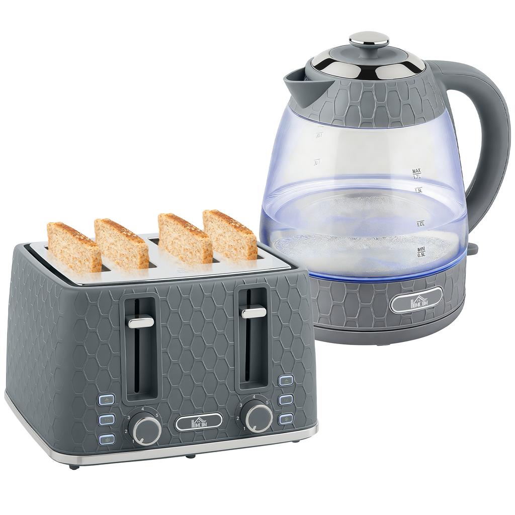 Kettle and Toaster Set, 1.7L 3000W Rapid Kettle with Strix Thermostat, 4 Slice Toaster with 7 Browning Controls, Grey