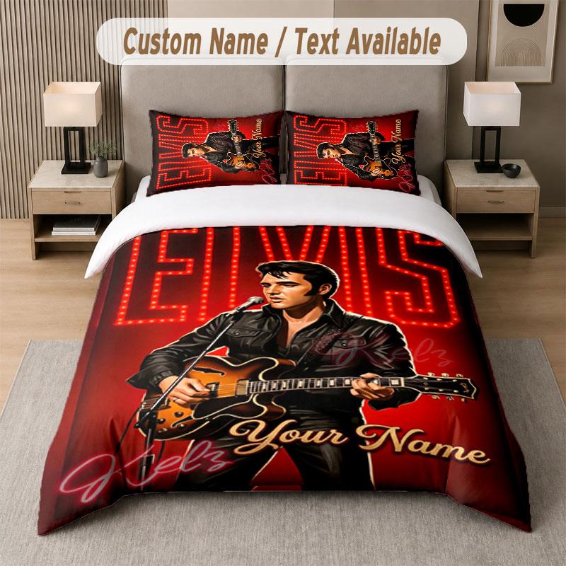 Set Biancheria da Letto Personalizzato Modello Elvis Presley, Stampa Nome Testo 1 Copripiumino più 2 Federe Tessile per la Casa