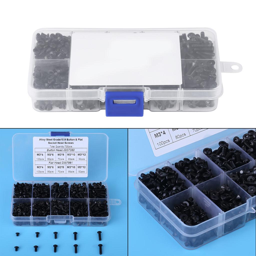 720pcs M3*4 6 8 10 12 Black Alloy Steel Flat Head Hex Socket Screws with Plastic Box