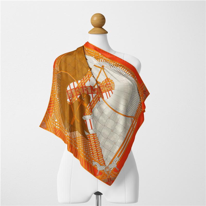 Twill Silk Scarf Woman Double Horse Print Square Scarves Wraps Bandana Small Hijab Foulards Lady Tie Headband Neckerchief 53CM