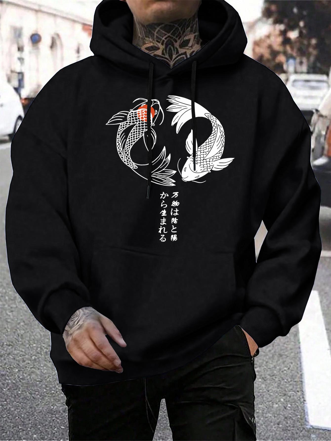 

Japanese Koi Harajuku Illustration Printed Men Hoody Pocket Loose Sportswears Fashion Hip Hop Hoodies Autumn Male Clothes 3XL