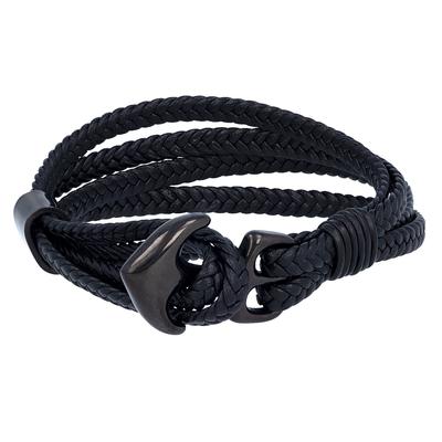[R7439] - Black 'Ancre Marine' Steel Leather Bracelet - 21 Cm - 30x20 Mm