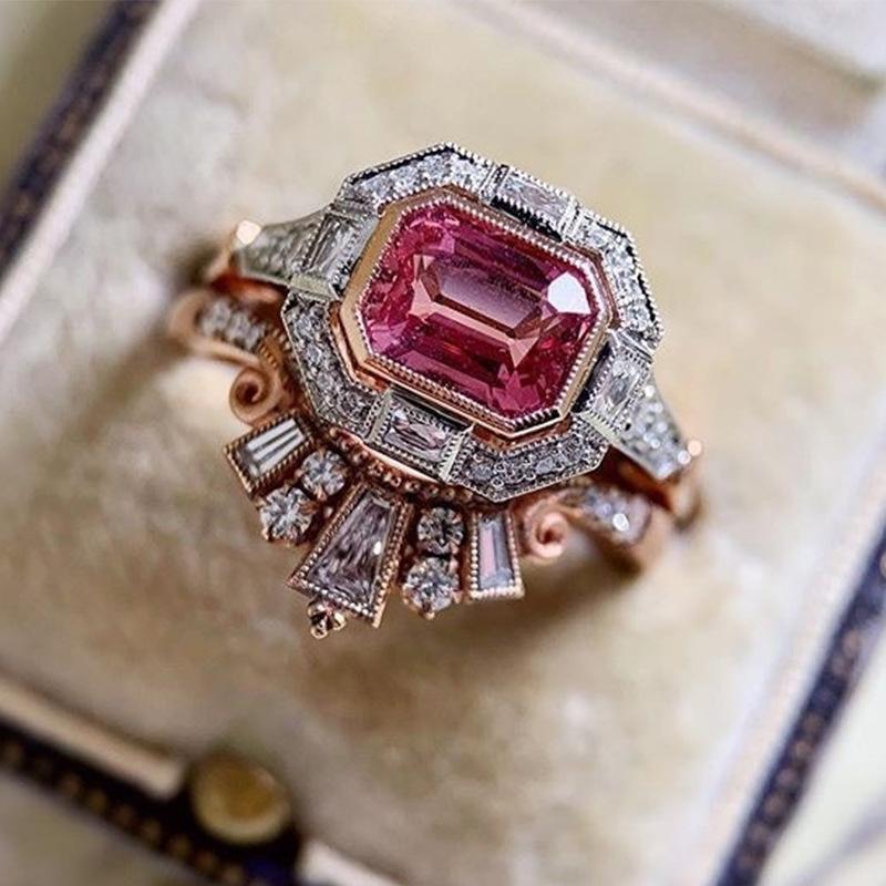 Pair ring, retro red zircon set ring, fashion ring.