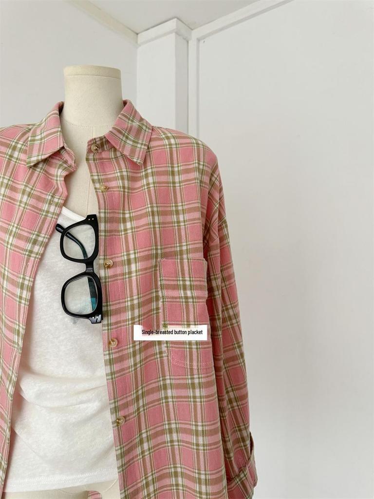 Women's American Retro Plaid Long-Sleeve Cotton-Linen Shirt Jacket