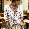 Women's Casual Printed V-Neck Ruffle Tie Blouse