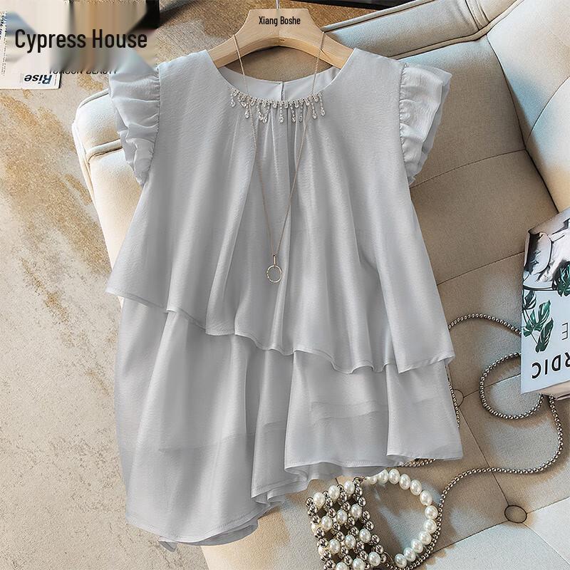 

Women s Rhinestone Flutter Sleeve Mid-Length Round Neck Blouse XL