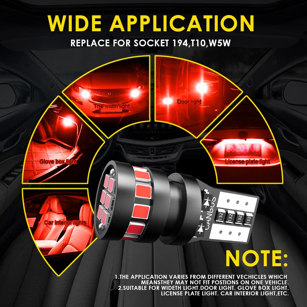 2x Red T10 W5W Super Bright 2015 LED Car Parking Lights WR5W Auto Wedge Turn Side Bulbs Canbus Interior Reading Dome Lamps 12V Bulbs 7