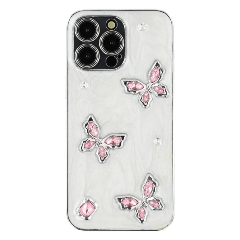 

For iPhone 15 Pro Case WANLONFENG Electroplated Epoxy TPU+Acrylic Phone Cover with Tempered Glass Big Butterfly