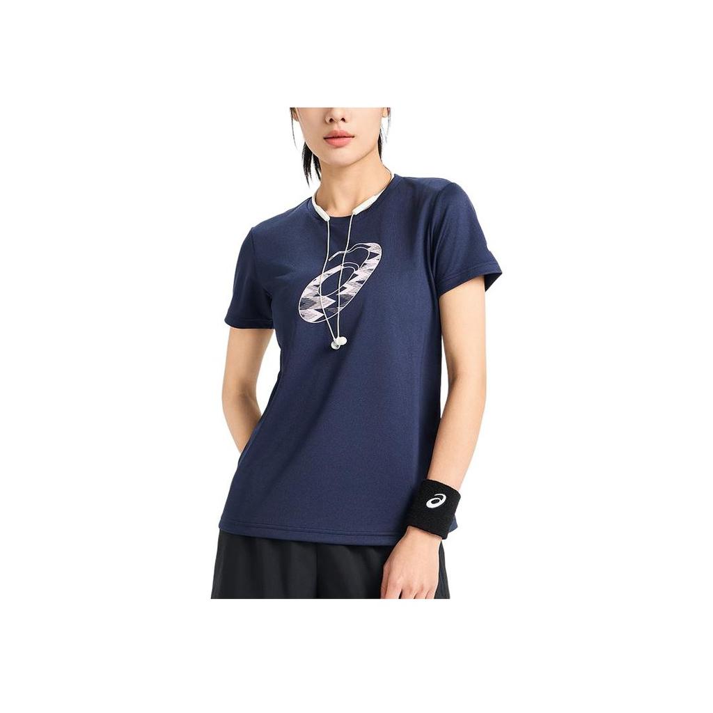 Asics Logo Round Neck Soft Comfortable Sports Short Sleeve T-Shirt Women Tops Navy-Blue 2032D020-402