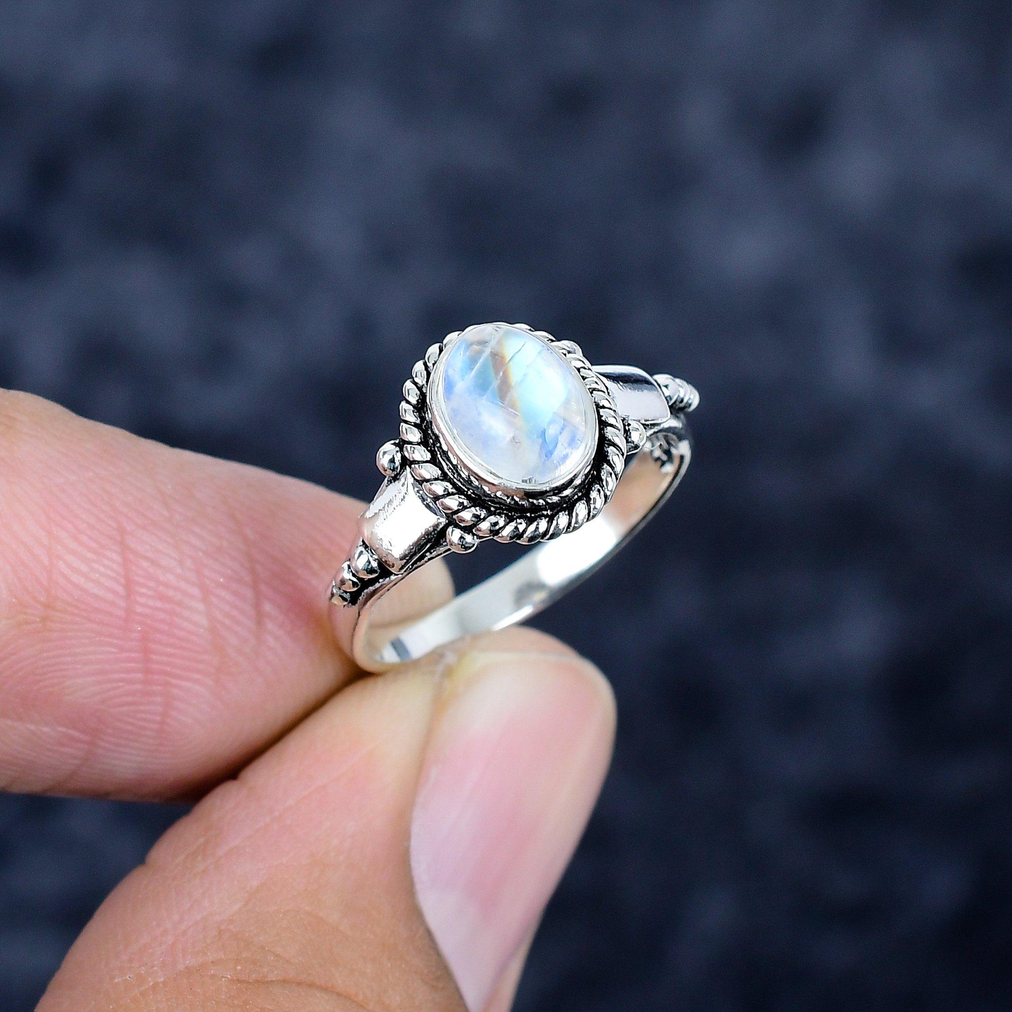

Rainbow Moonstone Gemstone 925 Sterling Silver Jewelry Ring Size 6.5 MM-3446