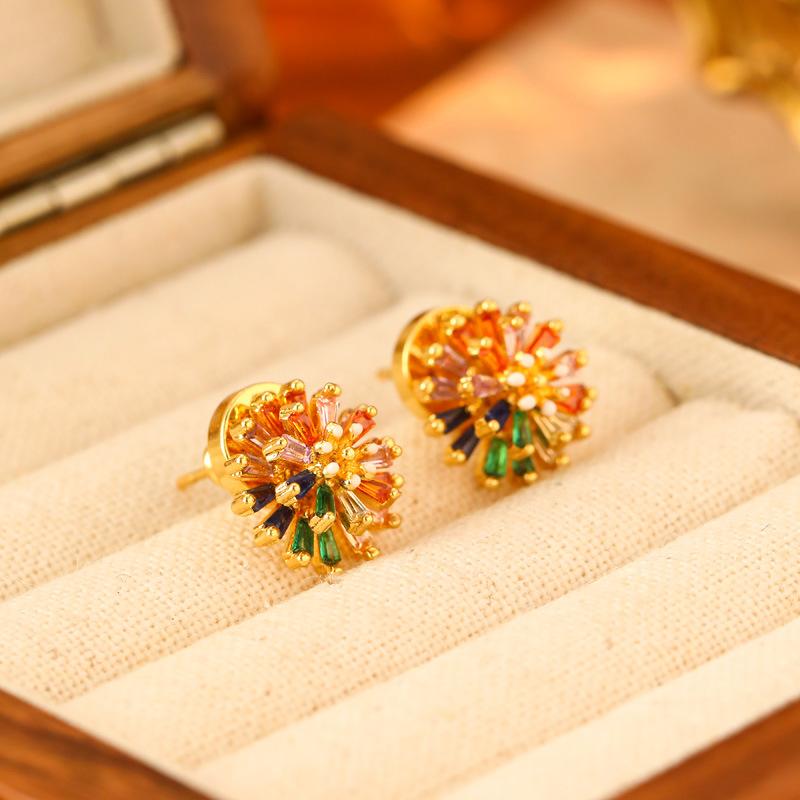 Dopamine Colorful Zircon Firework Stud Earrings Light Luxury Vintage Minimalist Jewelry for Women