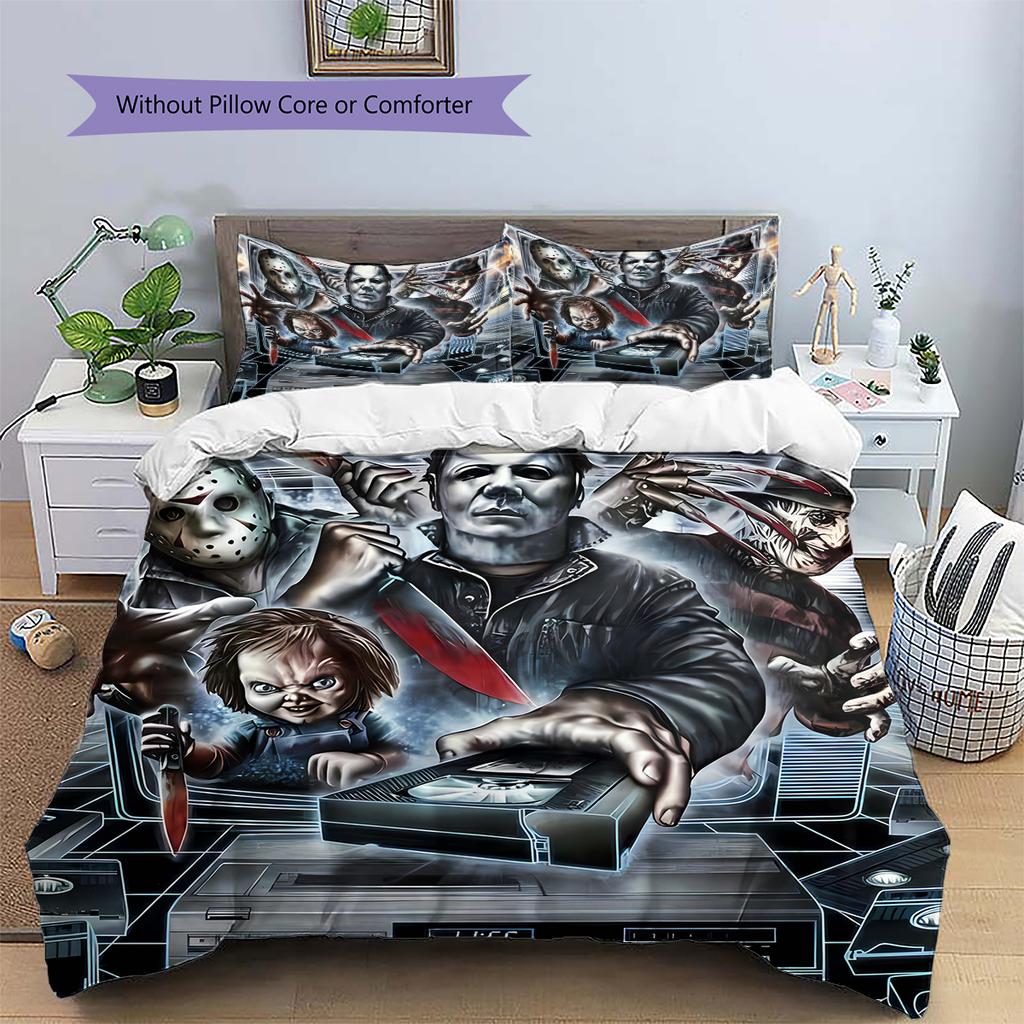 Horror Killer Pattern Bedding Quilt Set Quilt Cover Pillowcase Home Decoration Gift (1 * Duvet Cover + 2 * Pillowcase, Without Core)
