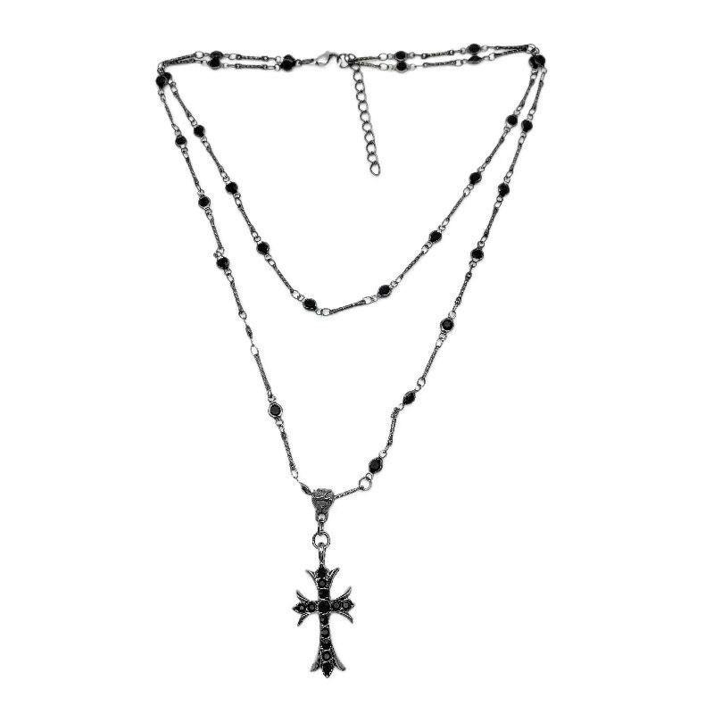 Damen Y2K Schwarzes Kreuz Lang Mehrlagig Schlüsselbein Choker Halskette
