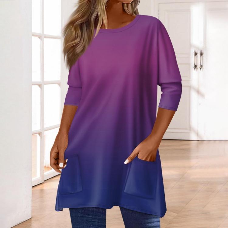 Women 3/4 Sleeve Round Neck T Shirt Casual Print Blouse Pullover Tops with Pocket Mid Length