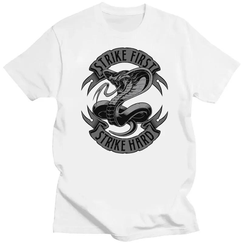 Vintage Cobra Kai T Shirt Men Tshirt Unique Tee Short Sleeved Karate Kid Strike First Strike Hard No Mercy Tops Ropa Hombre