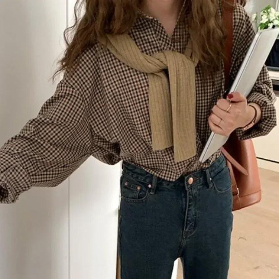 Spring Autumn Plaid Shirts Women Retro Turn-down Collar Blouses Button Up Elegant Long Sleeve Outwear Femme