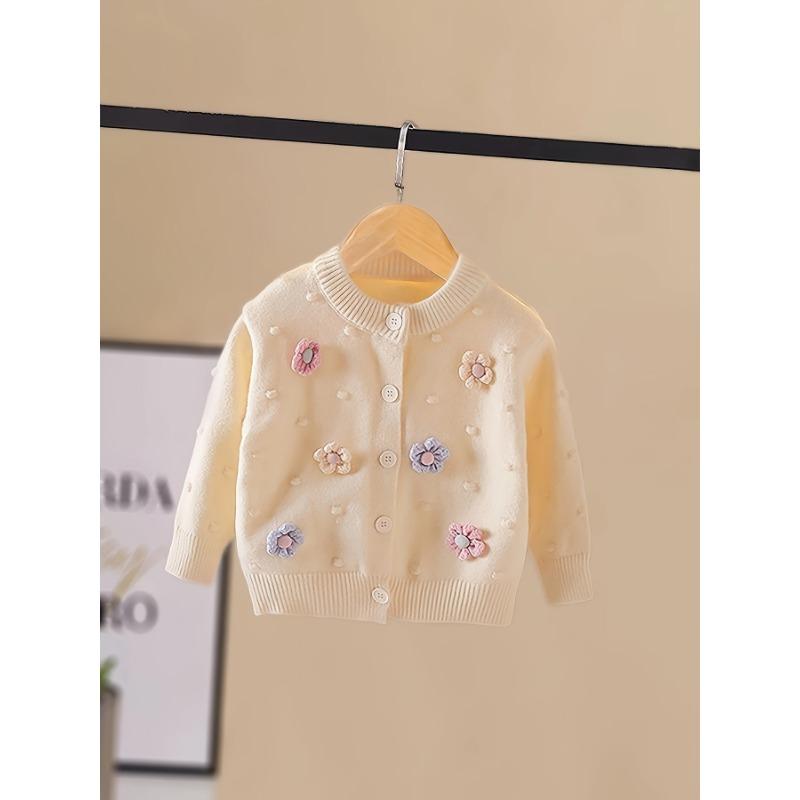 Girls' Embroidered 3D Floral Cardigan Sweater - Soft Pink Pastel Pastel Knit with Blue & Purple Flowers, Machine Washable Round Neck Long Sleeve