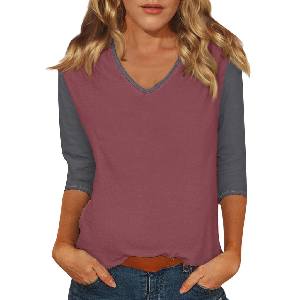 Women's Casual Fashion Sexy Comfortable V-neck Stitching Color Three-quarter Sleeve Top