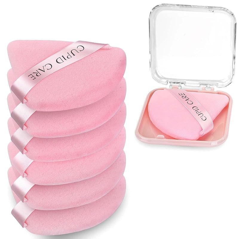 6 Pcs Triangle Powder Puff with 2 Travel Cases, Setting Powder Puffs for Face, Velour Makeup Puff for Loose Powder Body Powder, Blender Sponge