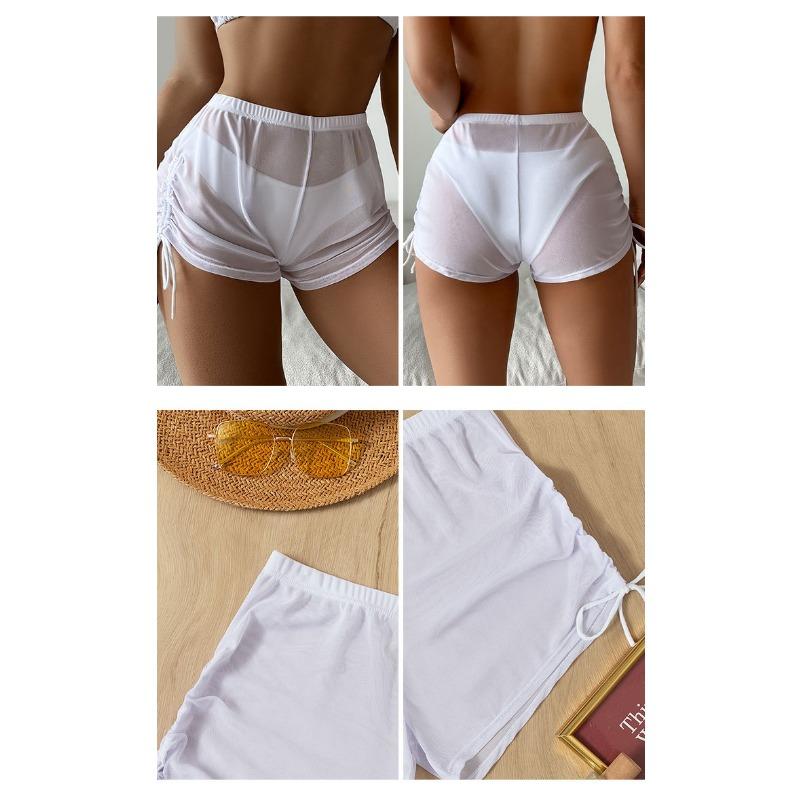 Women S Solid Color Sheer Mesh Drawstring Beach Bikini Shorts