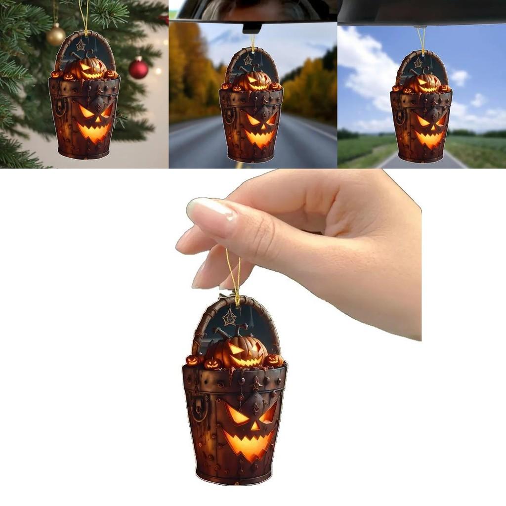 Acrylic Halloween Pumpkin Head Bucket Car Rearview Mirror Pendant With Cartoon Style For Vehicle Decor