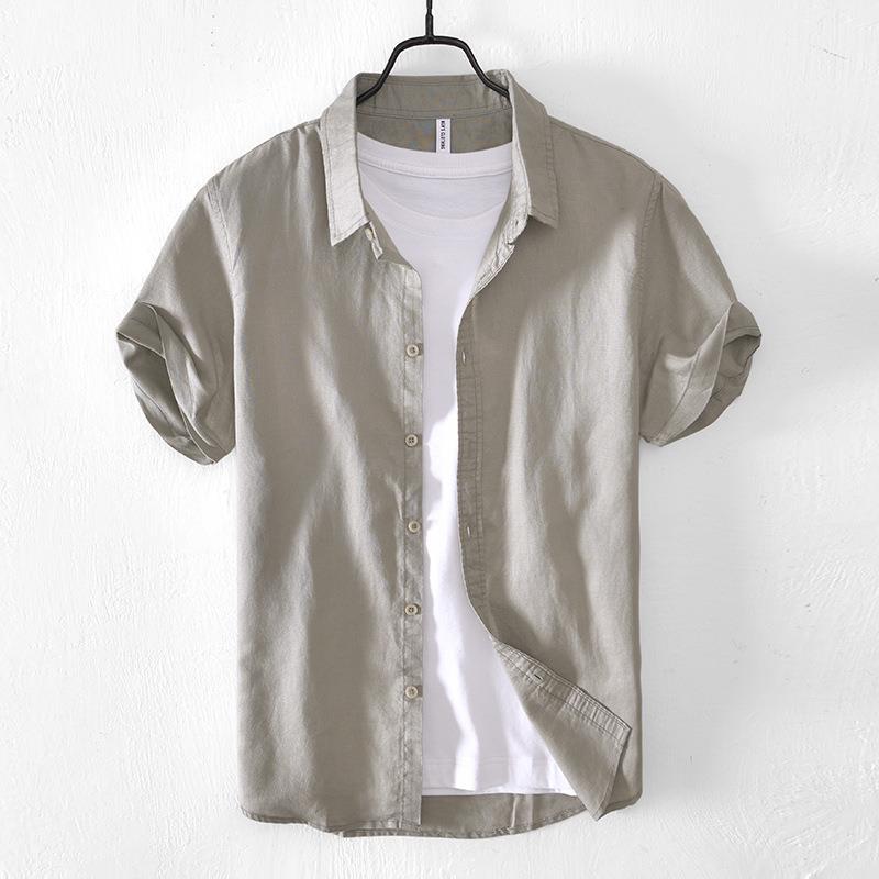 Classical Summer Shirt Male Turn-down Collar Cotton Linen Short Sleeve Shirt for Man Solid Color Button Casual Shirt Simple Style Clothing