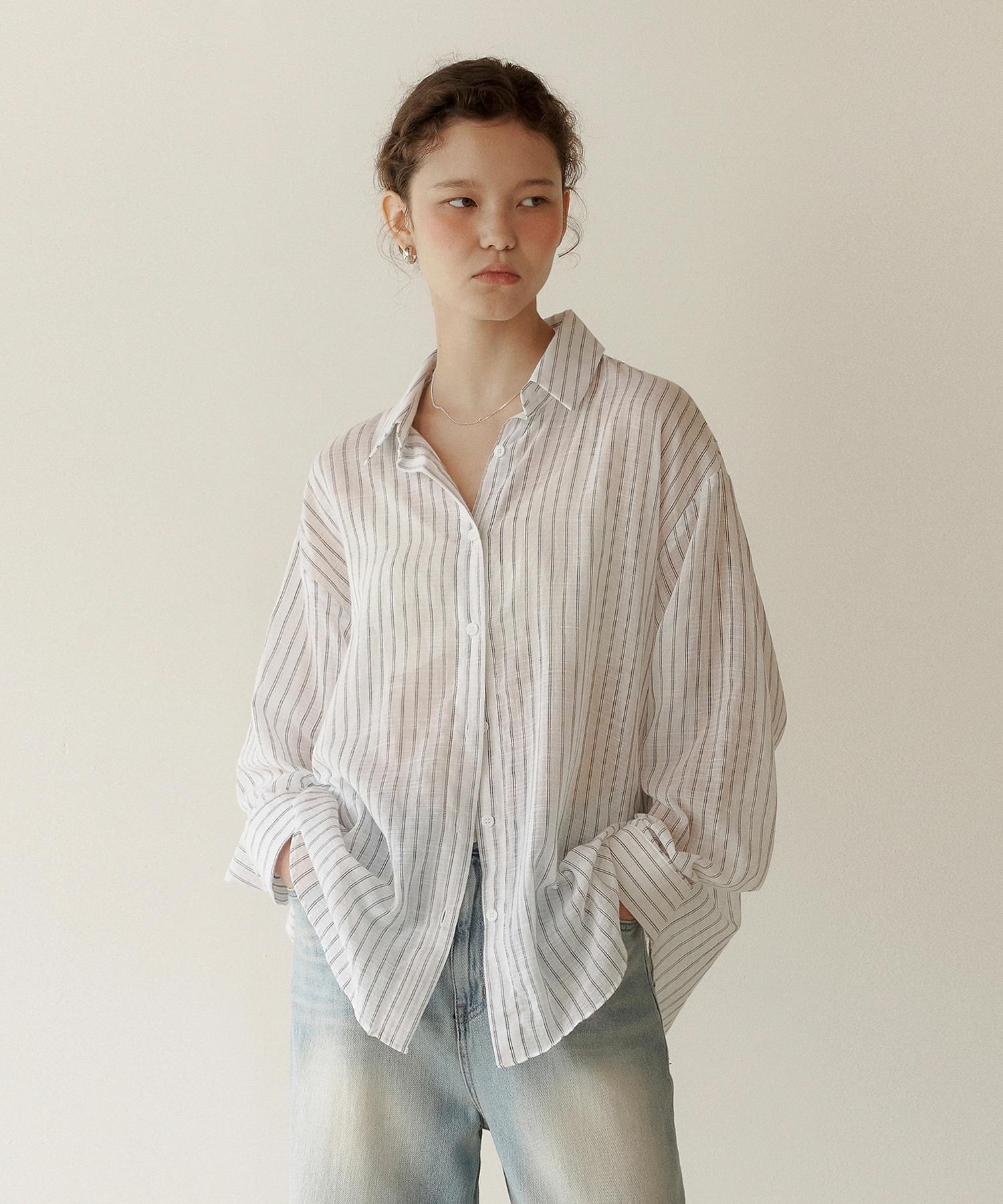 Roeil See-Through Striped Loose Fit Shirt - Ivory Free