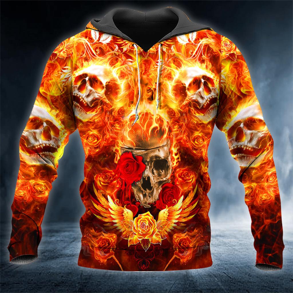 Men Hoodies 3D Print Horror Flaming Skull Graphic Fashion New Style Casual Pullover  Personality Oversize Men’s Clothing Tops