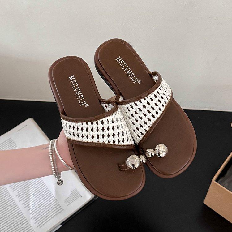 Woven Cool Slippers Women's Summer Wear 2025 Spring New Toe Niche Flat Bottom Casual Fashion Beach Shoes