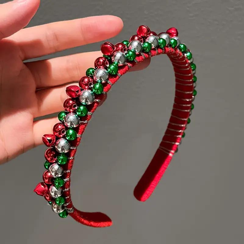 1pc Christmas Headband with Red & Green Beads,Golden Bells-Hand-Wrapped Party Hairband for Women,Elf Costume,Holiday Photoshoots