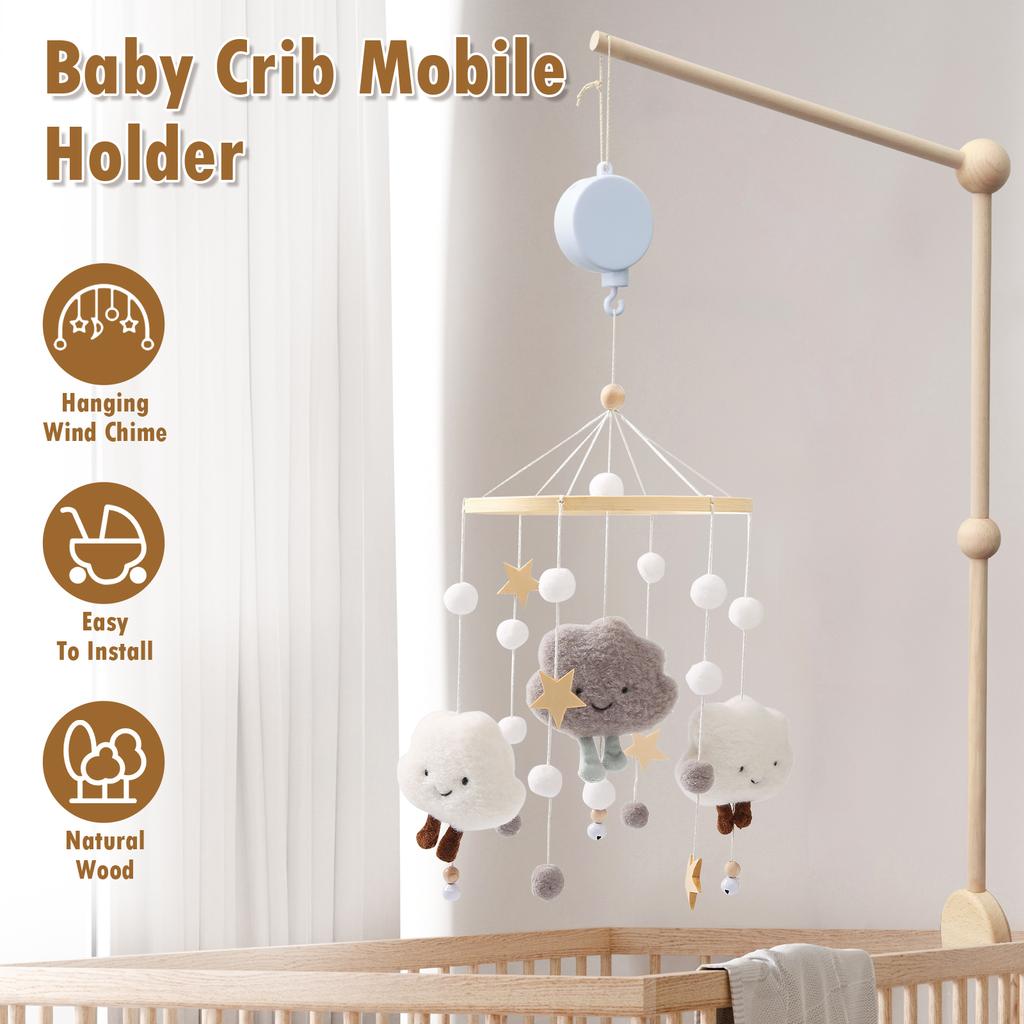 Baby Crib Mobile Arm Wooden Holder 27 Inch Beech Hangers with Rotating Music Box Nursery Decor Attachment Safe Anti Slip Set
