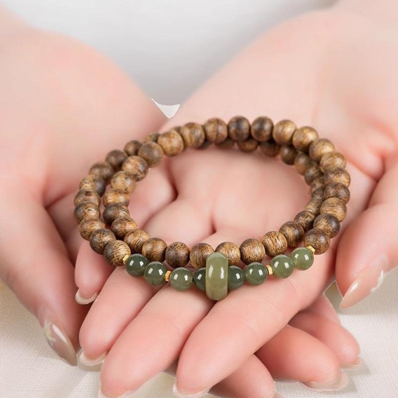 Hainan Qi Nan Agarwood Bracelet, Hetian Jade Qi Nan Double-Circle Women's Bracelet, Original Design, High-End Sandalwood and Agarwood