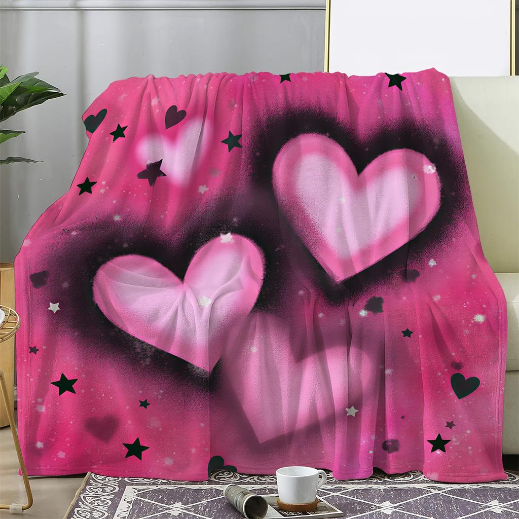 1pc Flannel Blanket - Soft Pink Hearts & Stars Print Throw - All-Season Cozy Warmth for Couch, Bed, Travel, Camping - Luxury Hom
