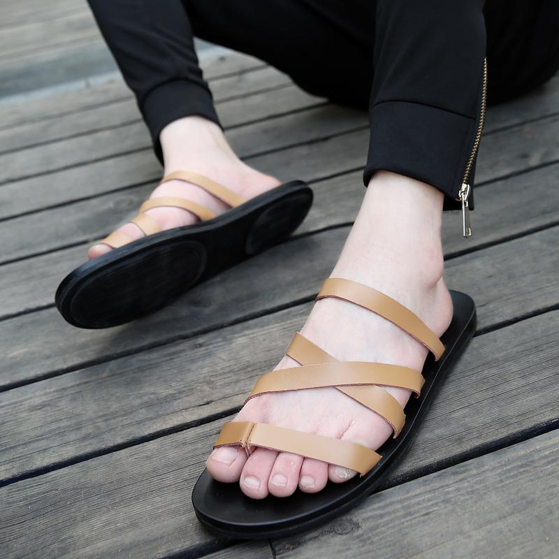 

Roman Style Men Leather Cross Strap Sandals Anti Slip Sandals Summer Beach Shoes Sizes 38-46 Casual Outdoor Flat Bottomed Sandal 46