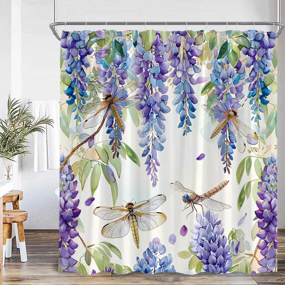 Dragonfly Floral Shower Curtain Insect Flower Wistera Plant Bathroom Decor Modern Polyester Bath Curtain With Hook With Hook