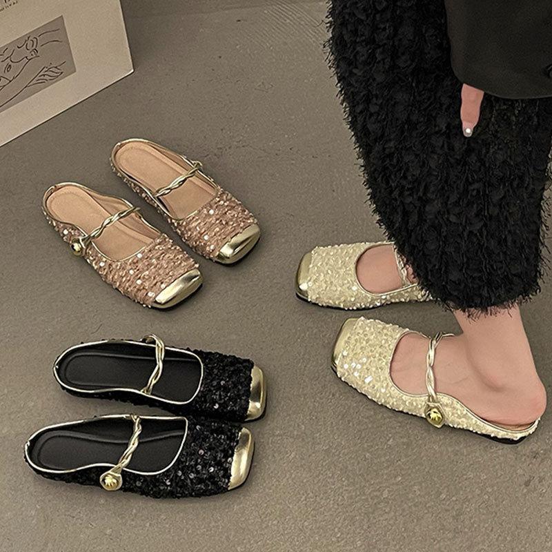 Xiaoxiangfeng Korean version temperament Mary Jane single shoes women's shoes 2025 spring and summer French sequined silver bag head half slippers w
