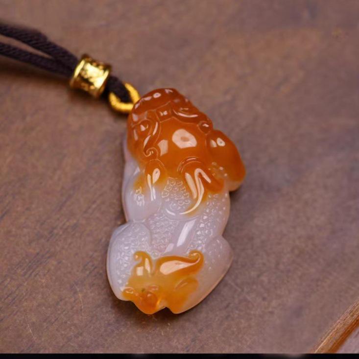 Golden Cicada Pi Xiu Pendant with Natural Ice Agate Chalcedony, Jade Stone, and Clever Colors - Buddha Guanyin Landscape Plaque Design.