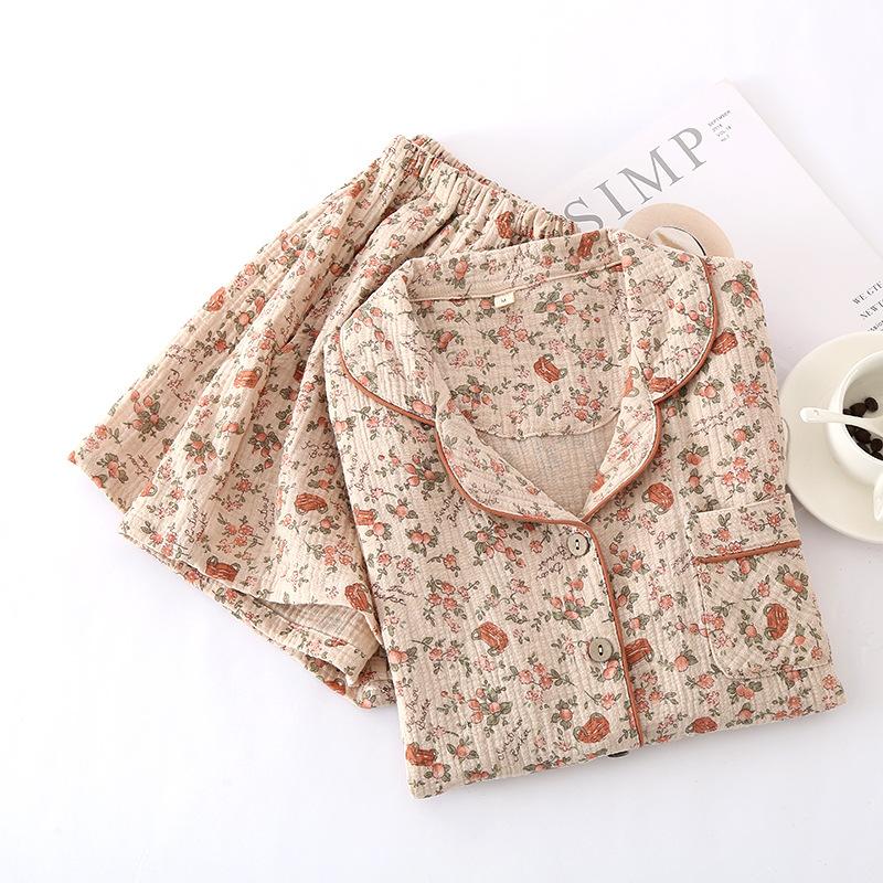 Pajamas Women's Pure Cotton, Summer Thin Double-layer Cotton Yarn Crepe Cotton Short-sleeved Shorts Loungewear Set