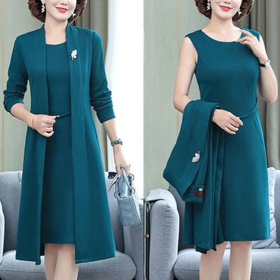 Women Dress Coat Suit Spring Fall Elegant Solid Color Middle-age Ladies Female Open Front Long Cardigan O Neck Sleeveless Dress Kit