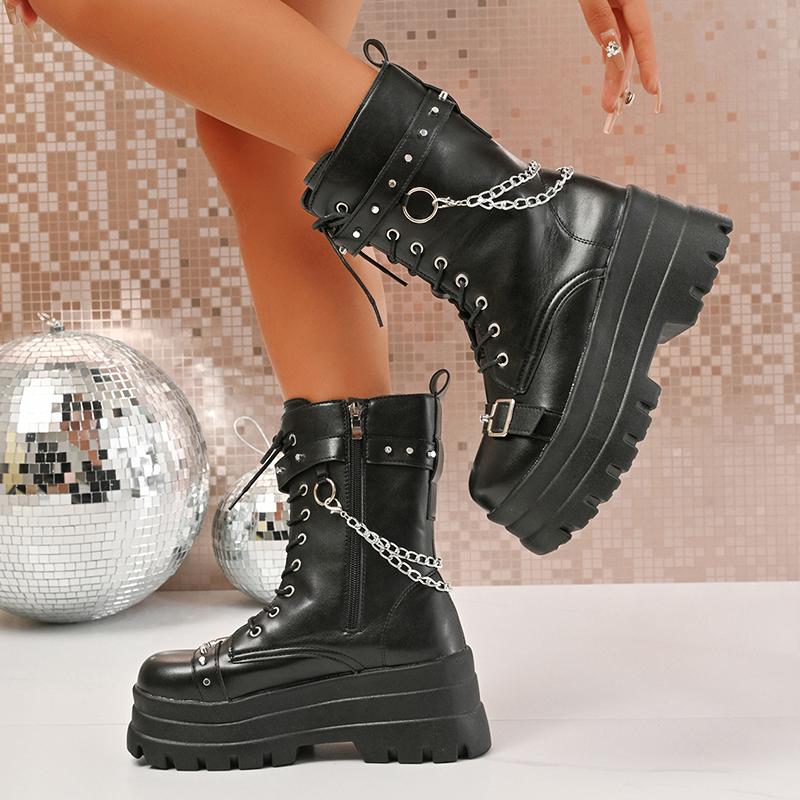 Punk Style Chunky Motorcycle Boots Women Thick Bottom PU Leather Ankle Boots Woman Metal Chain Decor Gothic Platform Botas Mujer
