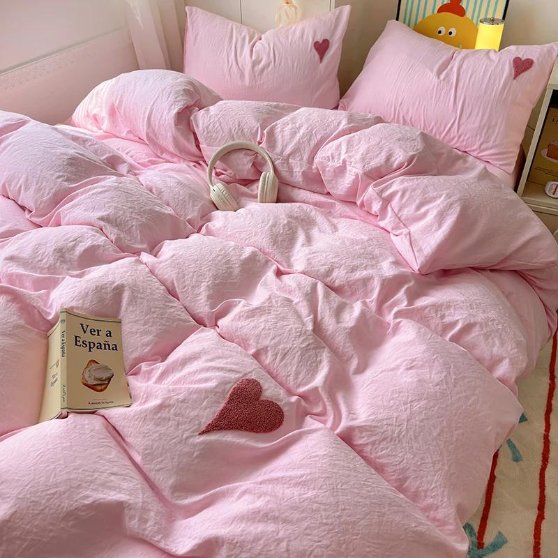 Washed Cotton Bedding Set Super Soft Cool Black Duvet Cover Set Heart-shaped Towel Bedding Skin Friendly Duvet Covers Bed Sheets