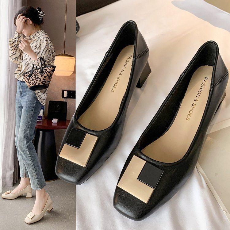 Niche Square Head Single Shoes Women's Spring and Summer 2025 New Thick Heel Non-slip Middle Heel Work Shoes Versatile Square Buckle Women's Shoes