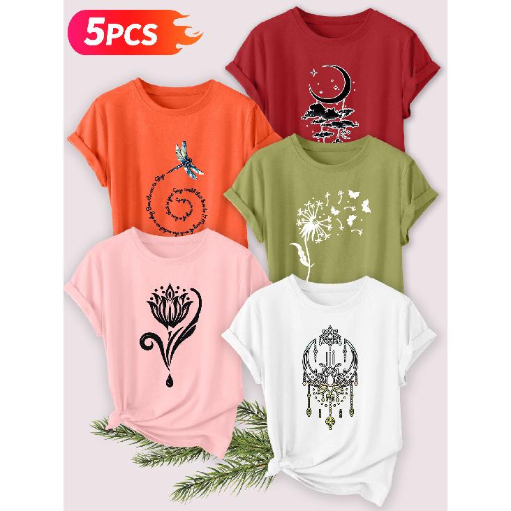 Five-piece set Elegant short-sleeved shirt for women Natural Totem Series Printed Round Neck Women's Short Sleeve Shirt Suitable for Spring and