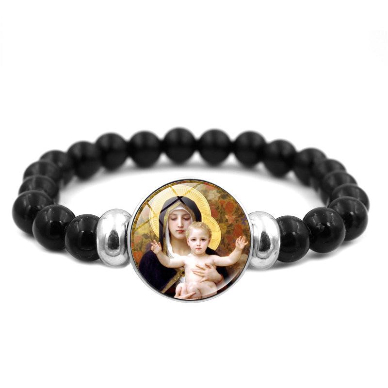 Christliches Jesus-Armband mit schwarzen Perlen, elastischer Schmuck, Jungfrau Maria, Glas-Druckknopf-Armbänder für Männer und Frauen, katholische Geschenke
