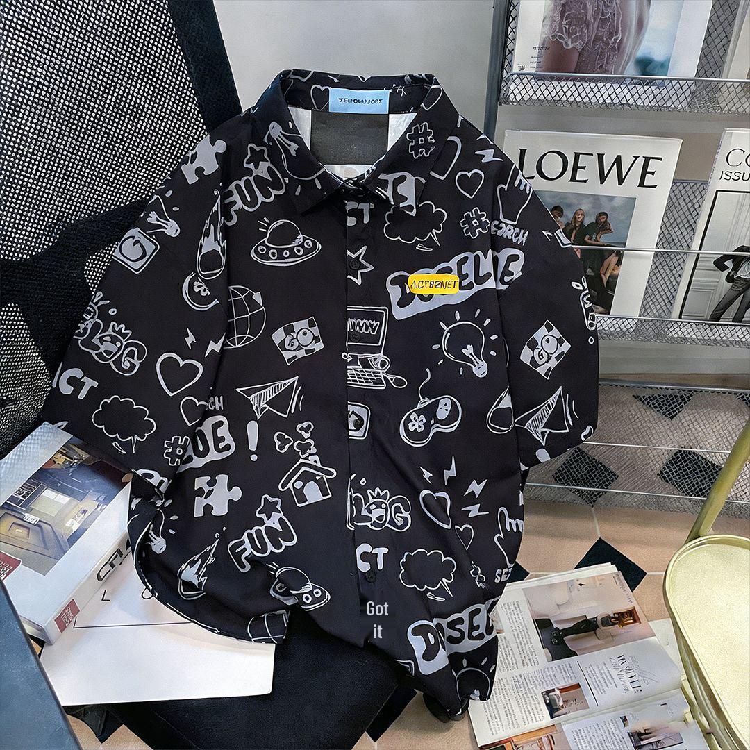 

Japanese-Style Retro French Loose Printed Lapel Shirt for Women - Summer Thin Short Sleeve XXL