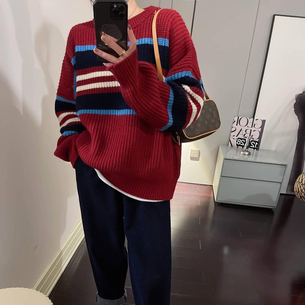 Damen Rot Gestreifter Strickpullover Top Herbst Winter Locker Weich Colorblock Nischendesign