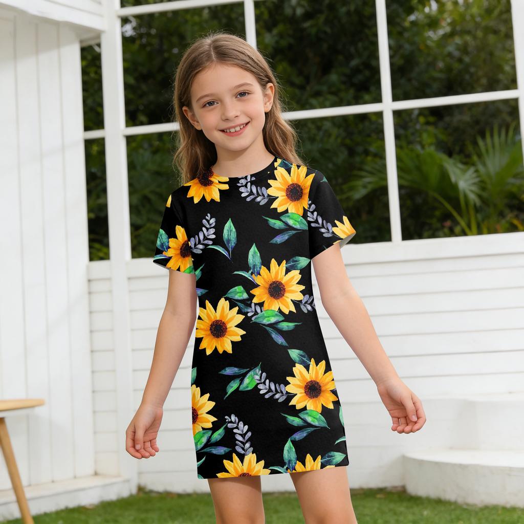 Girls Print Casual Dress Kids Loose Round Neck Short Sleeve Thin Sundress