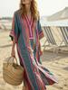 New Women's Casual Long-sleeved V-neck Digital Printed Women's Loose Color Blocking Dress